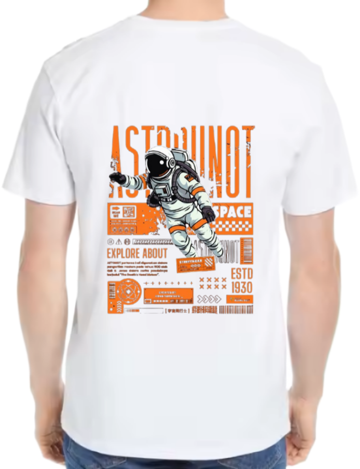 هذا التيشيرت الأبيض يتميز بطبعة رسومية ملونة لرائد فضاء في الخلف Back text One Size t- shirt White Back 69