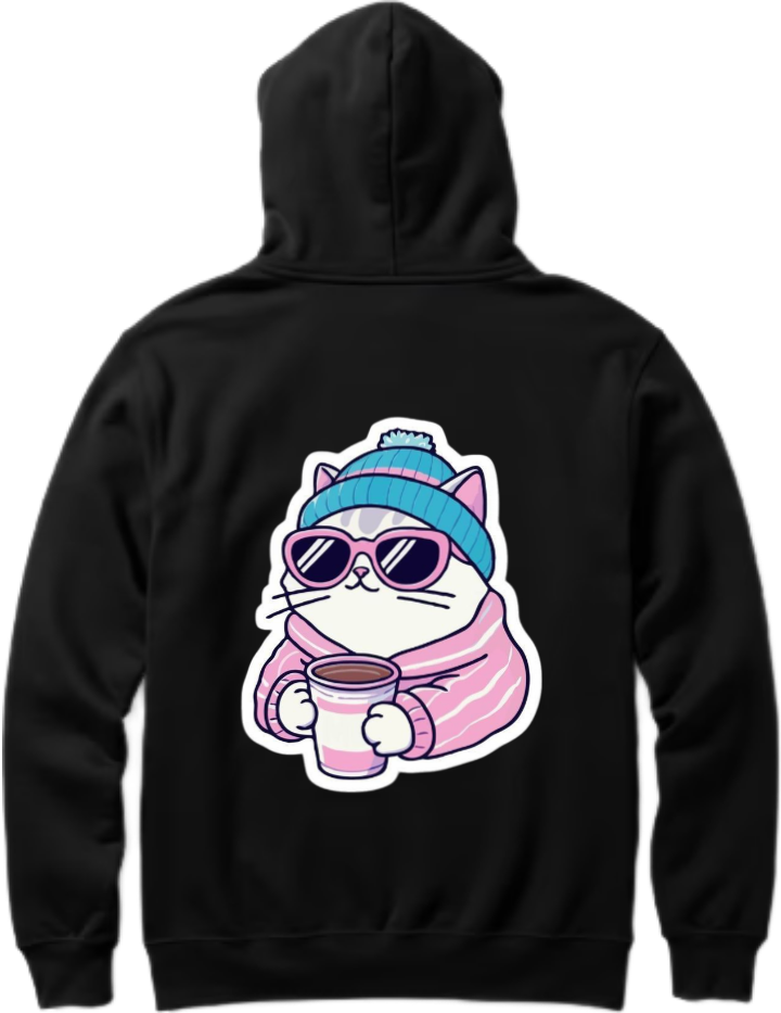 A cute cartoon cat wearing sunglasses One Size hoodie Black Back 6