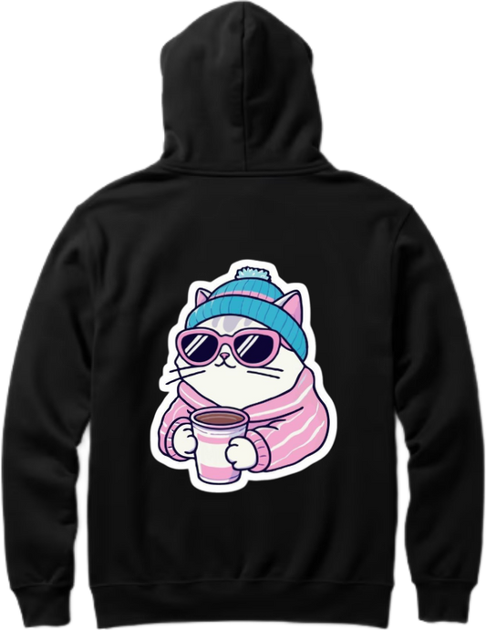 A cute cartoon cat wearing sunglasses One Size hoodie Black Back 6