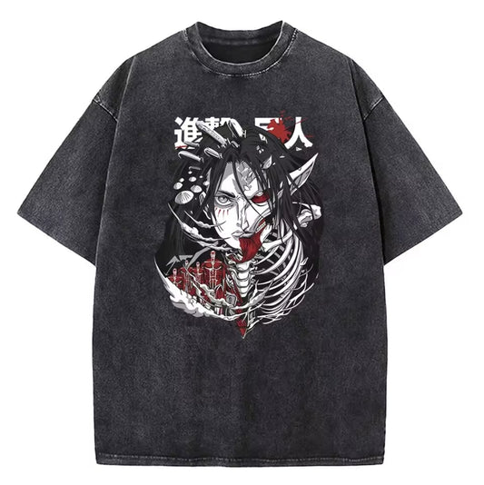 Anime Attack on titan shingeki no kyojin eren levi mikasa Aot washed acid  Oversize  t- shirt R 6