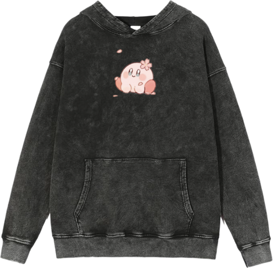 Cute Pink Anime Kirby Character Graphic Vintage Washed Hoodie for Women and Men, Kawaii Cartoon Dark Grey Pullover Sweatshirt 6