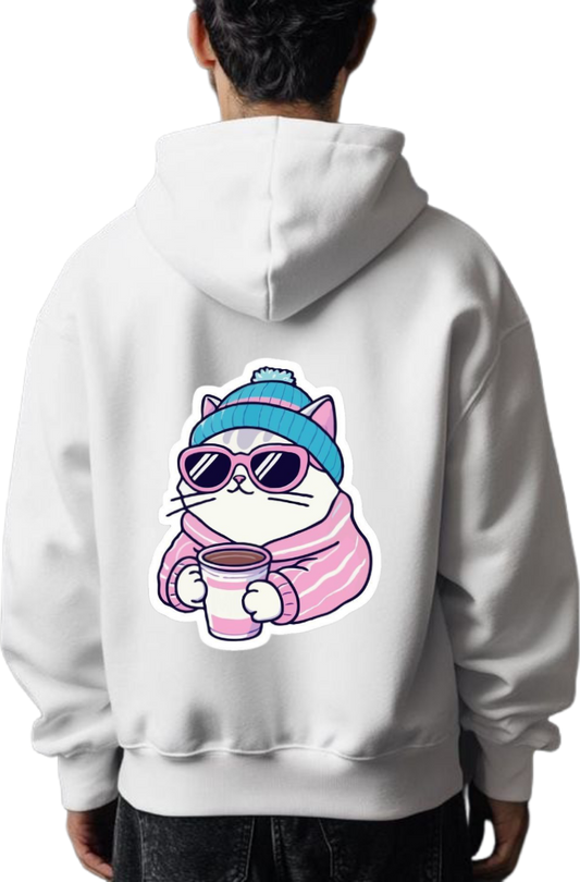 attractive cartoon cat wearing sunglasses One Size hoodie White Back 6