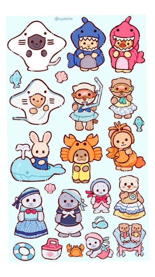 Cute Kawaii Sea Animals Stickers Pack, Aesthetic Pastel Shark, Seal, Crab, and Bunny Waterproof Vinyl Decals for Water Bottles, Laptops, Phone, Journal, and Scrapbooking