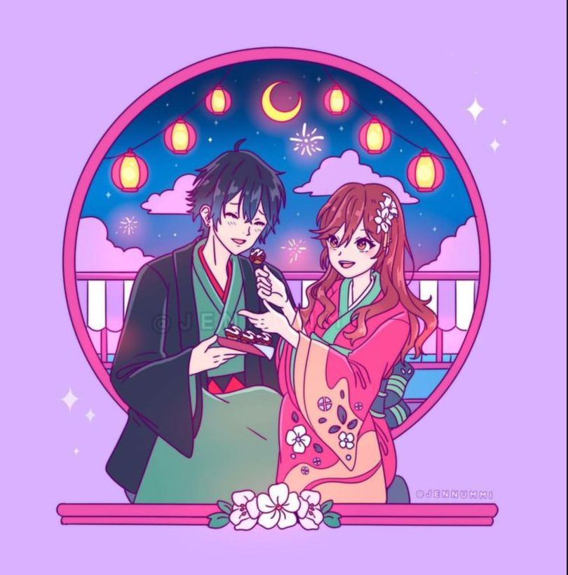 Horimiya Izumi Miyamura and Kyouko Hori Festival Aesthetic Sticker, Cute Anime Romance Art Decal with Lanterns for Laptop, Water Bottles, Journaling, Scrapbooking, and Planners