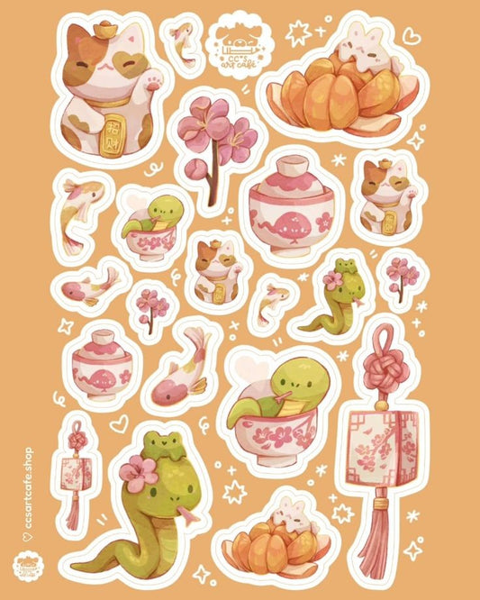 Cute Asian Lucky Cat & Snake Stickers Pack, Kawaii Maneki-Neko, Koi Fish, Lantern, and Waterproof Vinyl Decals for Water Bottles, Laptops, and Journaling
