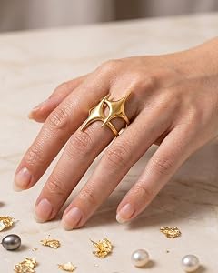 Handmade Cyberpunk Double Starburst Ring for Women - Gold-Plated Liquid Metal Y2K Adjustable Ring, Edgy Punk Celestial 4-Pointed Star Fashion Jewelry Gift for Teen Girls free size