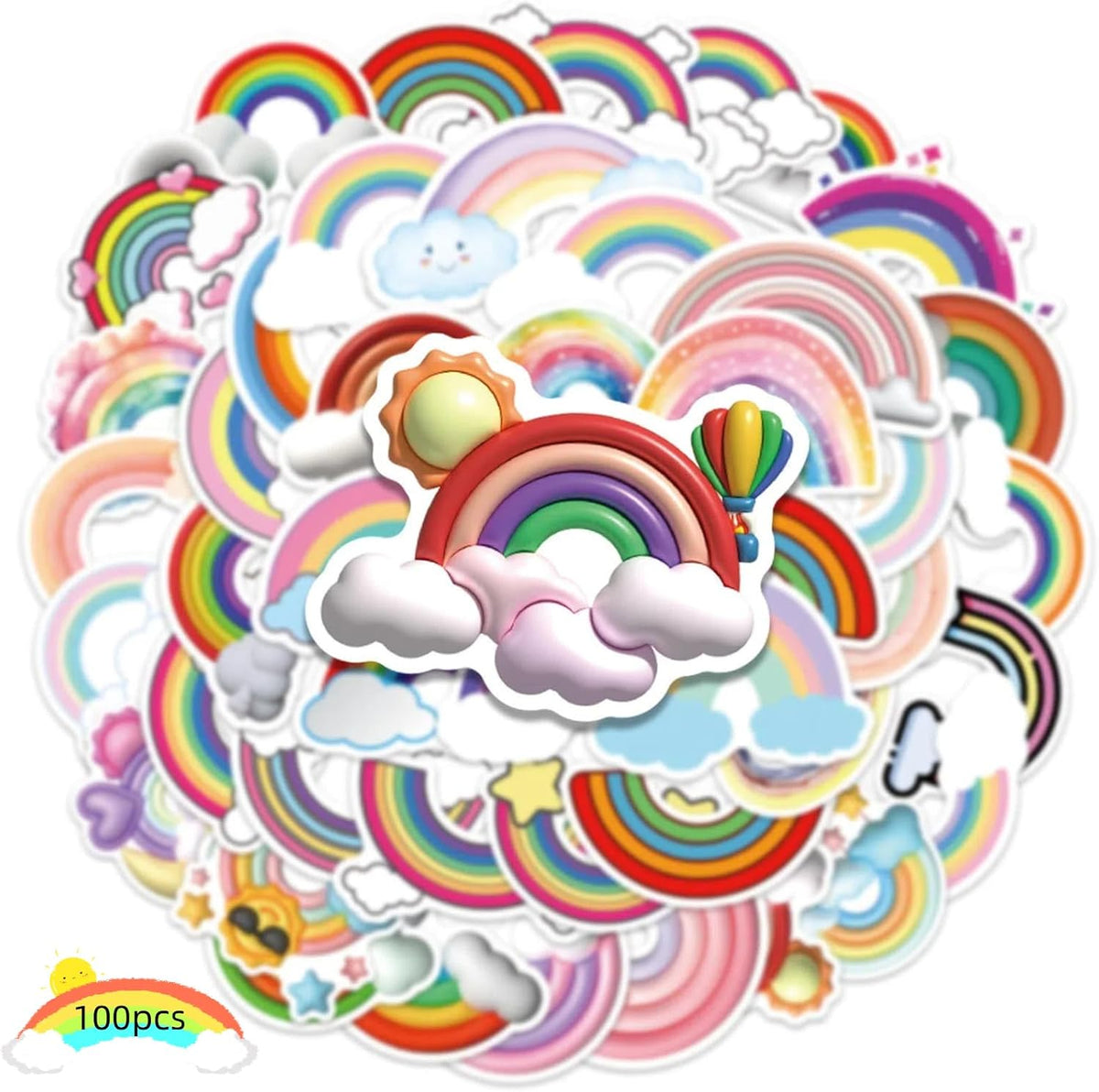 100pcs Rainbow Stickers, Colorful Waterproof Rainbow Stickers, DIY Stickers for Bottle Laptop Skateboard Luggage Car Guitar Computer Refrigerator Parties, Vinyl Decoration Stickers for Girls, Cartoon