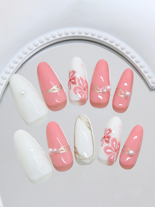 Press on Nails 24 Pcs Medium Almond - Elegant Pink Cherry Blossom Nail Set with Gold Marble Veins, White Milky Base, and 3D Pearl Accents - Reusable Glossy False Nails for Women and Girls