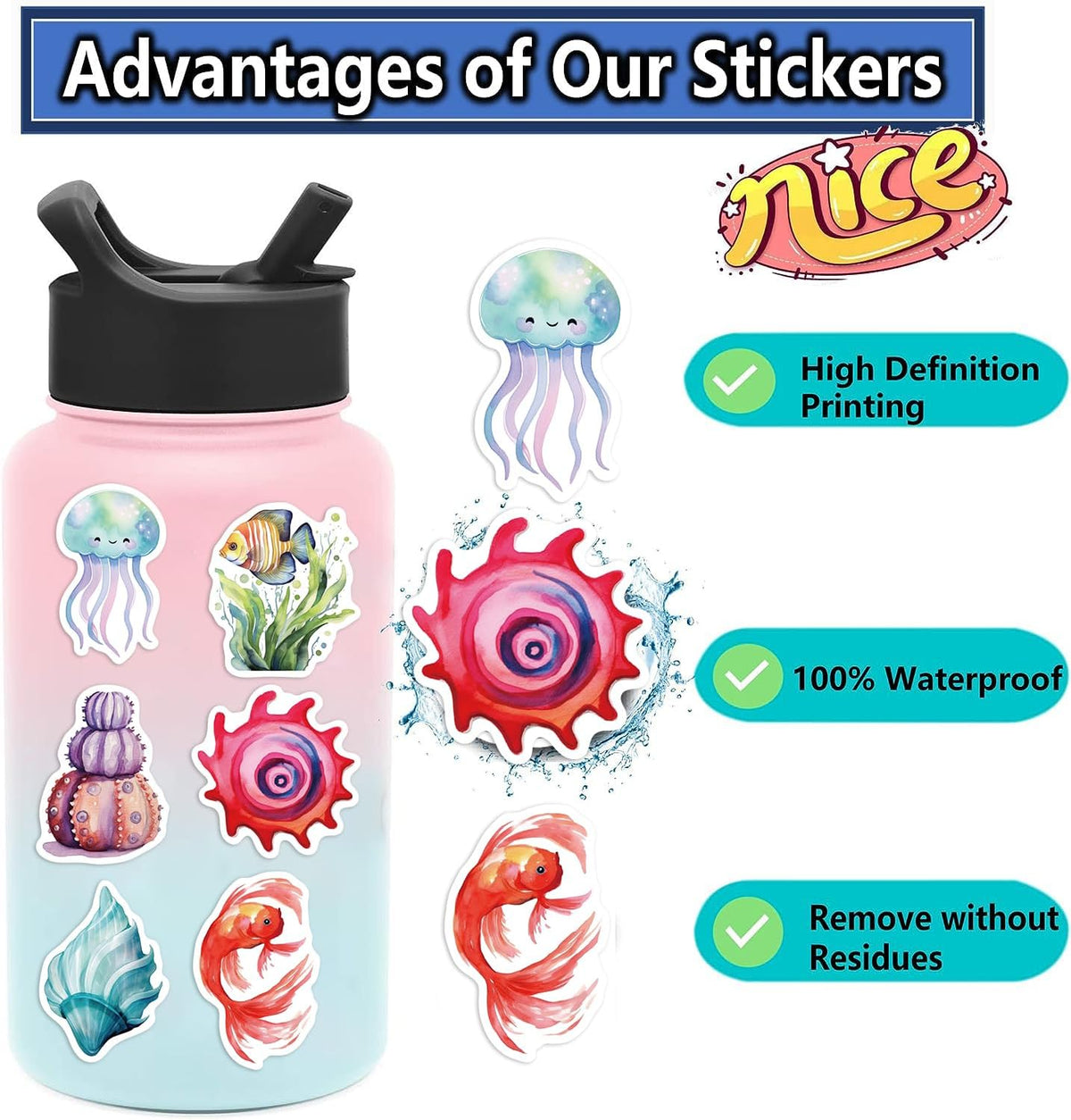 50 PCS Ocean Stickers,Cute Sea Creature Vinyl Stickers Gifts for Kids,Ocean Animal Stickers for Water Bottles Birthday Party Scrapbook Skateboard Phone Laptop (Ocean Stickers)