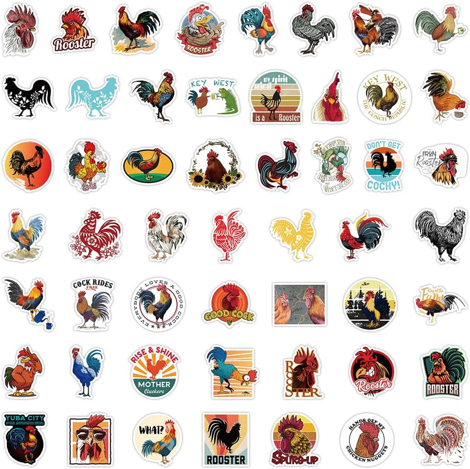 50 Pcs Vibrant Rooster Stickers, Cartoon Farmhouse Decorative Stickers, Self-Adhesive for Scrapbooking, Kids' Room Decoration, Farm Theme Setup(Rooster-50)