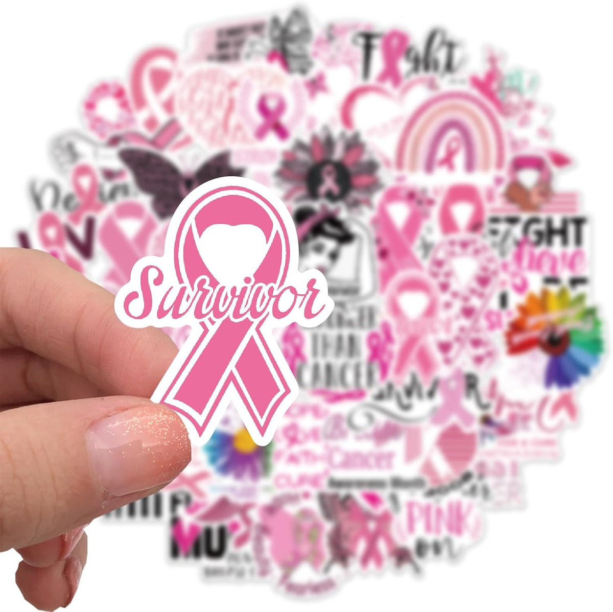 50PCS Breast Cancer Awareness Stickers, Pink Ribbon Stickers for Women's Health, Waterproof Vinyl Stickers for Women Kid Girls Mom Office School Event Support