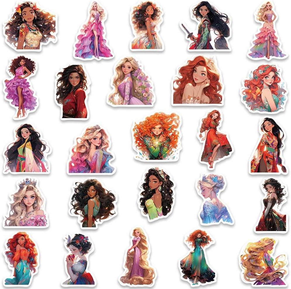 Beauty Princess Stickers for Girls, 50Pcs Vinyl Waterproof Cartoon Princess Stickers for Water Bottles, Cute Anime Stickers for Laptop Phone, Scrapbook, Journal, Fairy Princess Stickers (Princess)