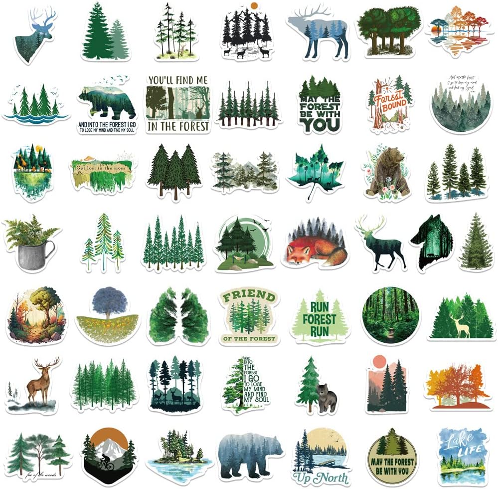50Pcs Forest Stickers, Adventure Aesthetic Outdoor Sticker Bulk, Waterproof Vinyl Nature Stickerss for Water Bottles Laptop Scrapbook, Forests Trees Animals Stickers for Kids Teens (Forest)