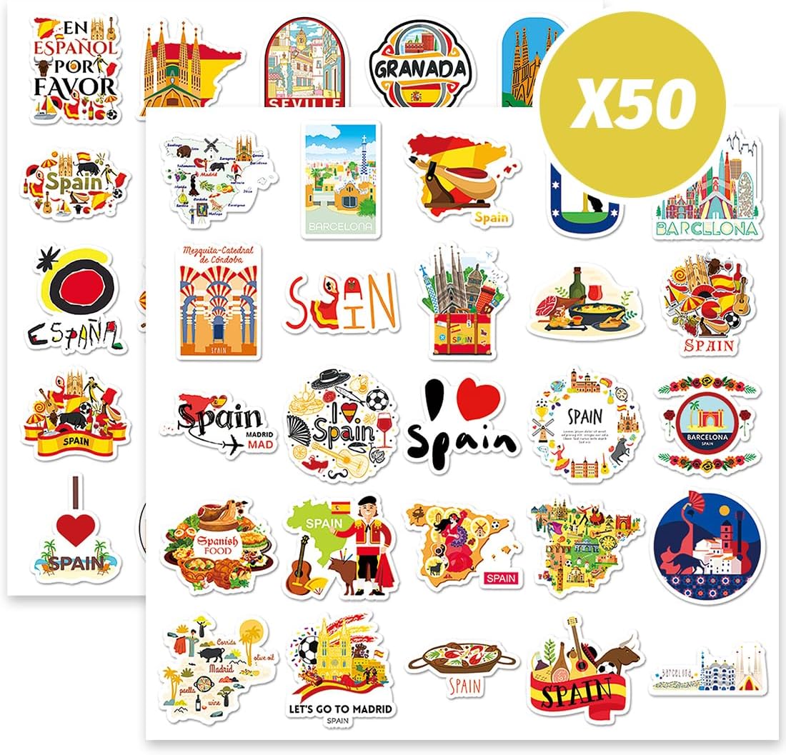 50 pcs Spain Stickers, Waterproof Travel Stickers from Spain, Suitcase Stickers for Scrapbooking, Water Bottle, Luggage, Skateboard, Guitar, Laptop