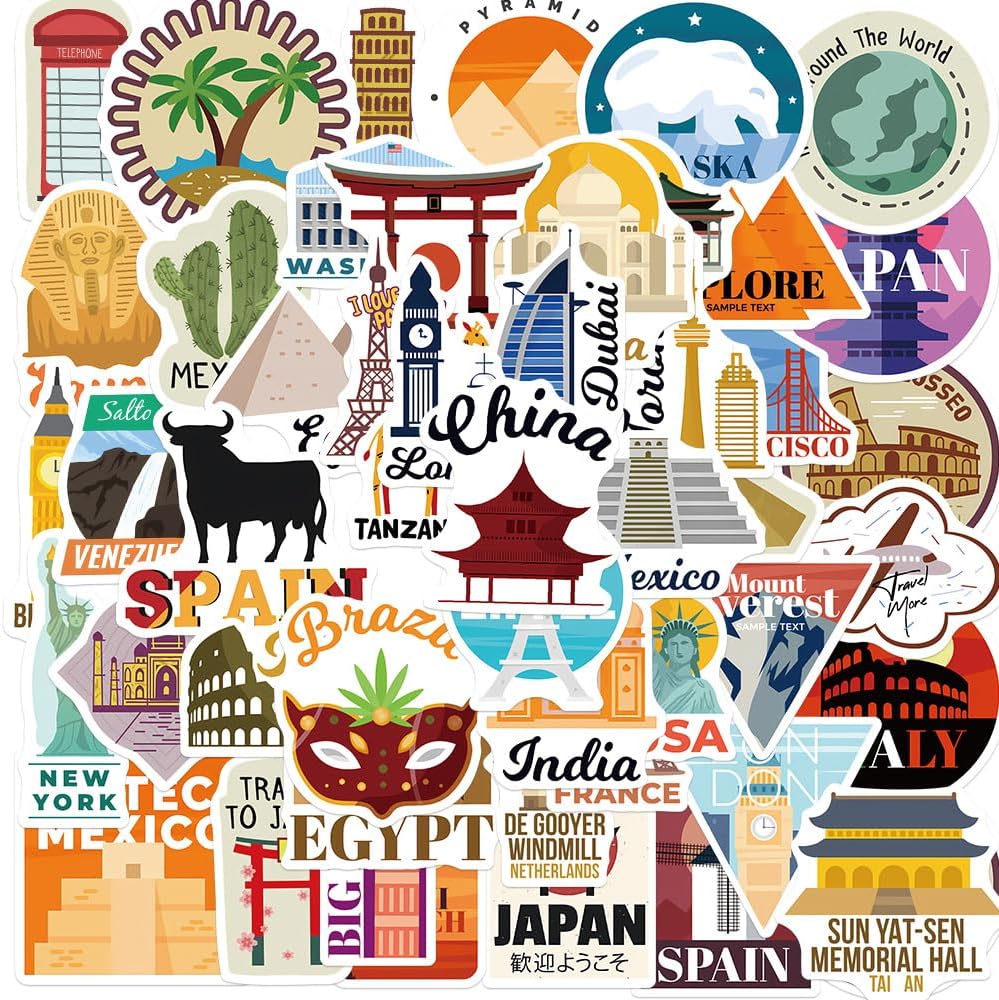 World City Landmarks Aesthetic Stickers 50Pcs for Journaling Kids Scrapbooking Stickers Pack for Laptop Phone Guitar Gift Decor Teens Girls