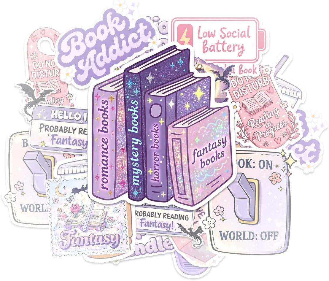 12 Pcs Bookish Fantasy Stickers, Book Lover Reading Stickers, Book Girl Purple Pink Aesthetic Stickers for Readers, Decor for Water Bottle, Laptop, Kindle, iPad, Journal