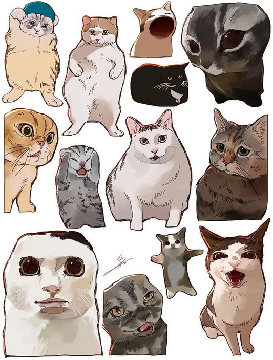 Funny Cat Memes Stickers Pack, Cute Cursed Kitty Expressions, Wacky Pet Humor, and Waterproof Vinyl Decals for Water Bottles, Laptops, and Journaling