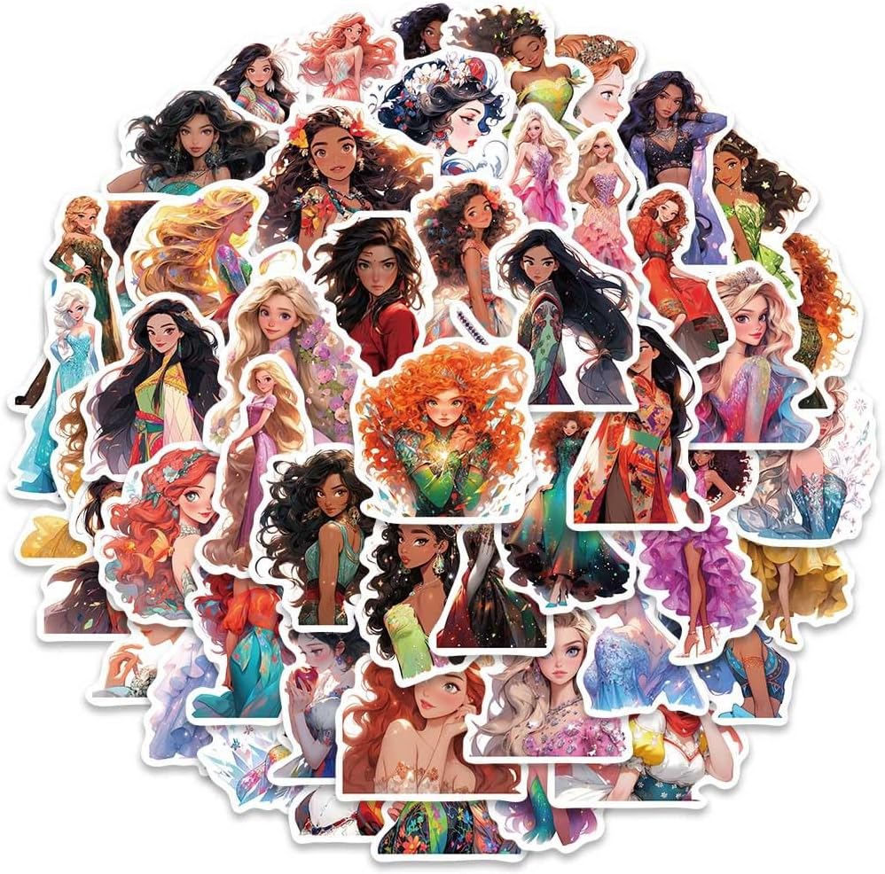 Beauty Princess Stickers for Girls, 50Pcs Vinyl Waterproof Cartoon Princess Stickers for Water Bottles, Cute Anime Stickers for Laptop Phone, Scrapbook, Journal, Fairy Princess Stickers (Princess)