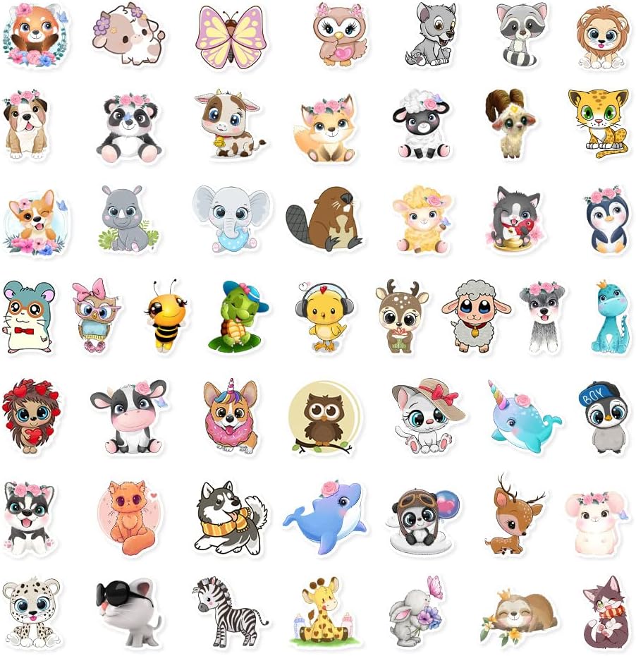 50PCS Cute Animals Stickers Packs for Water Bottles, Laptop, Skateboard Vinyl Waterproof Kawaii Kitten Cartoon Animal Stickers Packs, Decals for Kids Teens