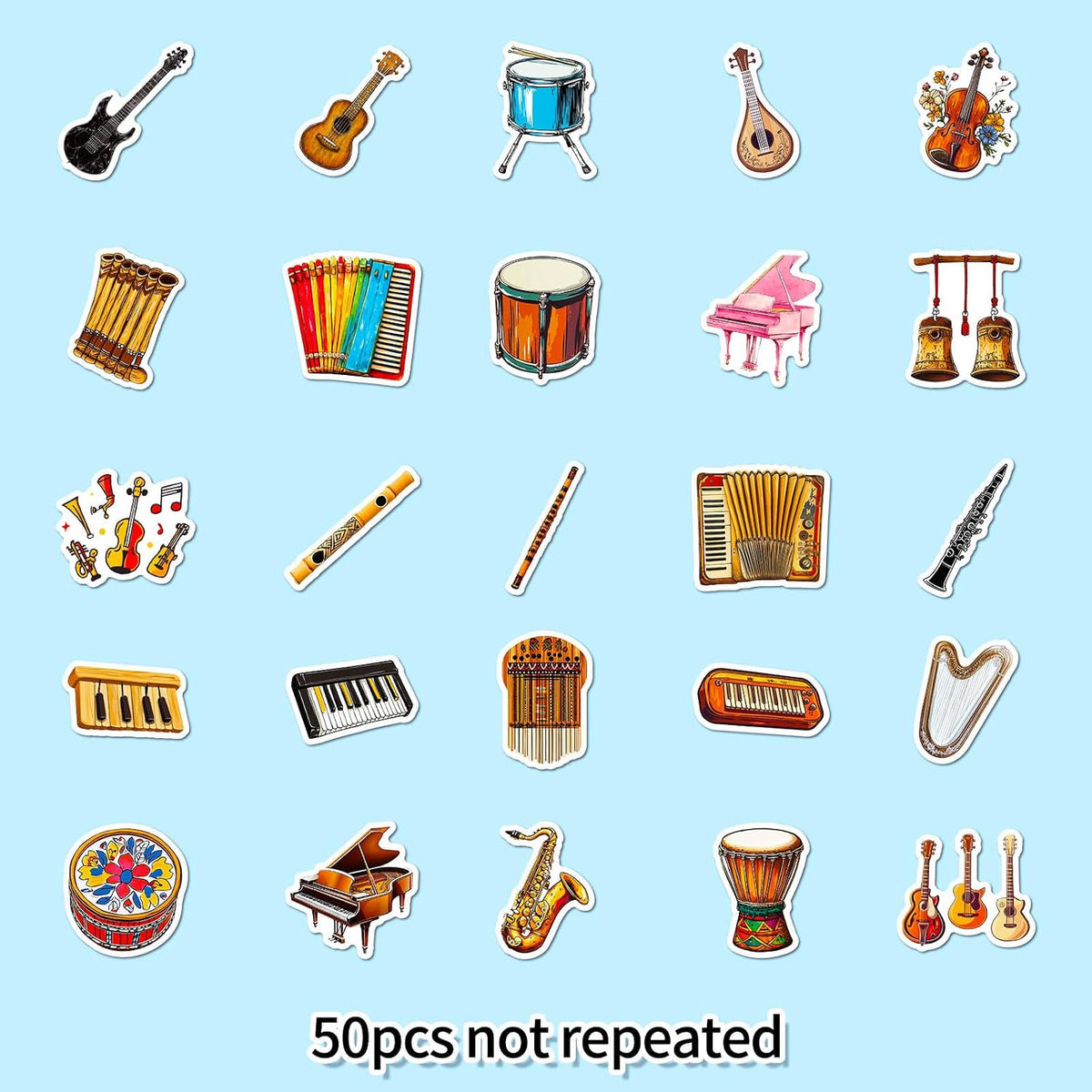 50PCS Musical Instruments Stickers for Kids Vinyl Cartoon Music Stickers Waterproof Instruments Sticker Classical Music Aesthetic Decals for Laptop Journaling Water Bottles Classroom