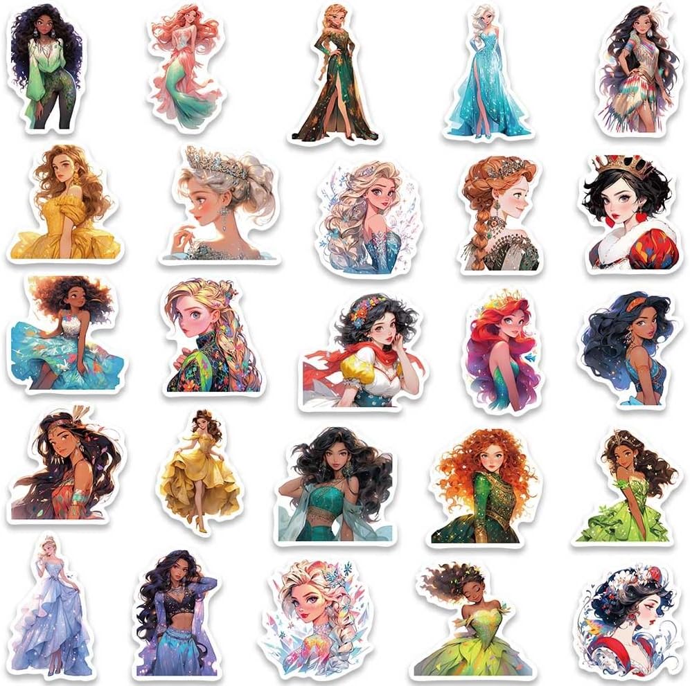 Beauty Princess Stickers for Girls, 50Pcs Vinyl Waterproof Cartoon Princess Stickers for Water Bottles, Cute Anime Stickers for Laptop Phone, Scrapbook, Journal, Fairy Princess Stickers (Princess)