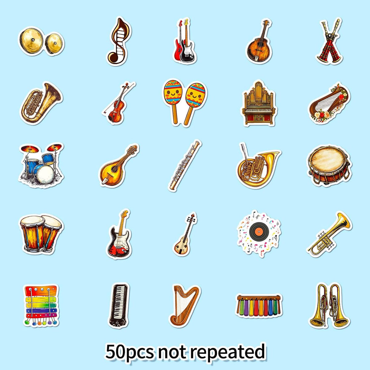 50PCS Musical Instruments Stickers for Kids Vinyl Cartoon Music Stickers Waterproof Instruments Sticker Classical Music Aesthetic Decals for Laptop Journaling Water Bottles Classroom