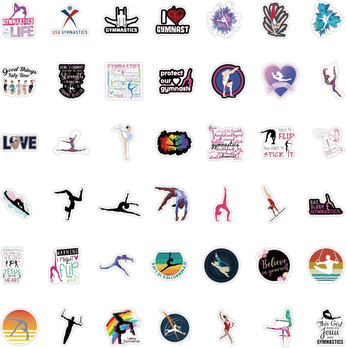 100pcs Gymnastics Sticker Pack, Cool Sport Waterproof Vinyl Decal for Girl Teen Adults Kids Water Bottle Laptop Luggage Notebook Scrapbook Helmet Skateboard Guitar Phone (Gymnastics