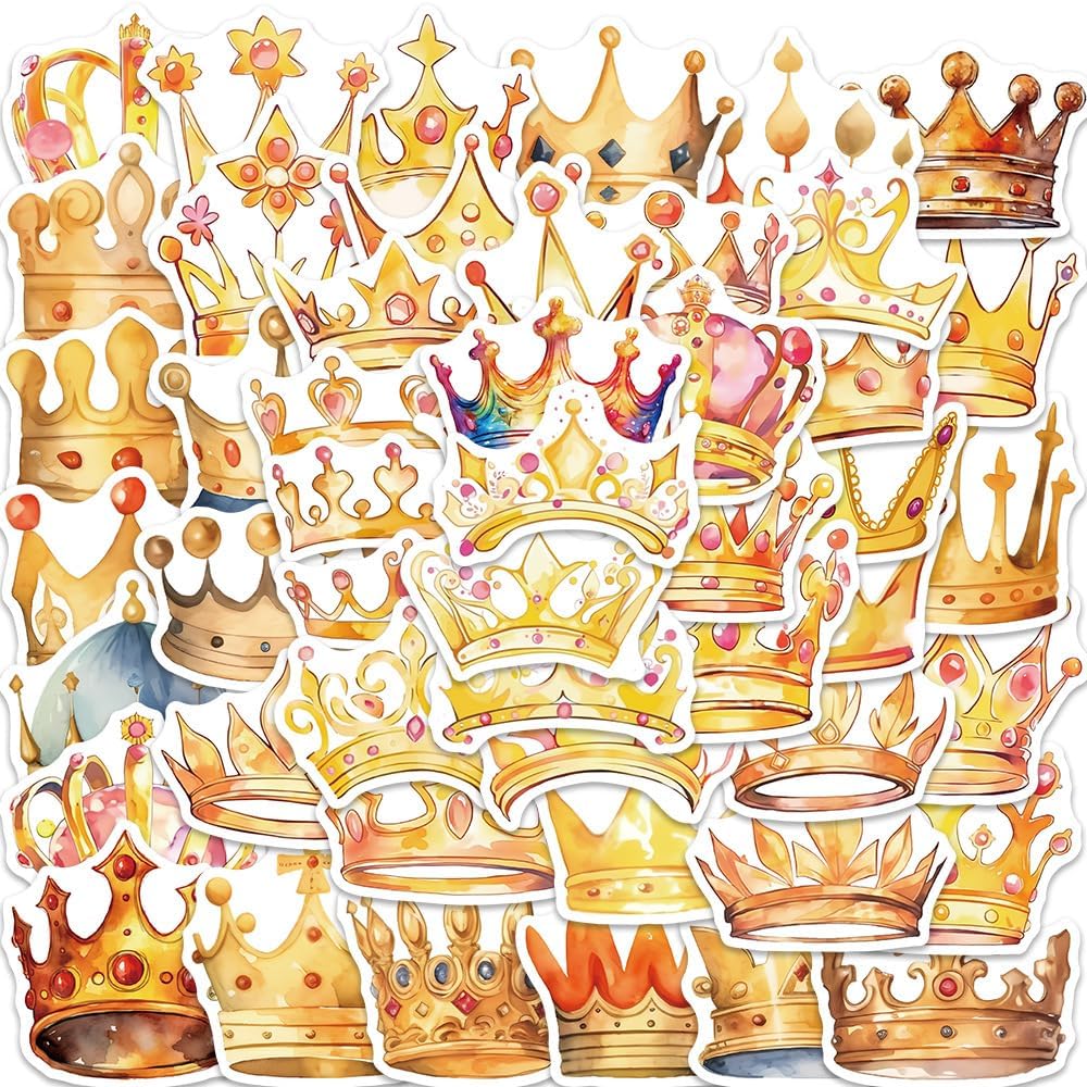 50Pcs Crown Stickers for Kids Water Bottle Laptop Princess Crown Dream Party Decoration Art Sticker Motorcycle Luggage Guitar Decal Skateboard Waterproof Vinyl Fairy Stickers for Teens Adults Crown