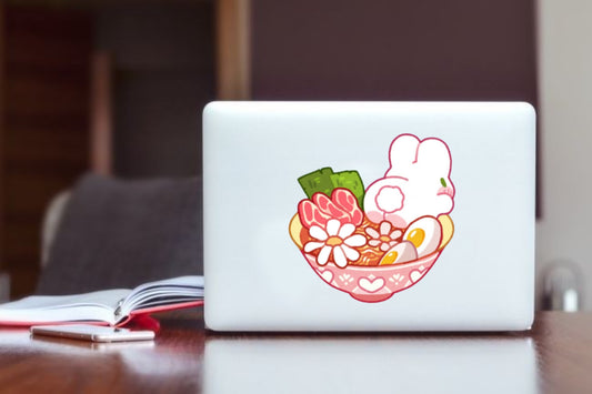 Kawaii Bunny Ramen Bowl Laptop Sticker - Cute Anime Aesthetic Vinyl Decal, Waterproof Sticker for Laptop, Water Bottle, Tumbler, and Journal
