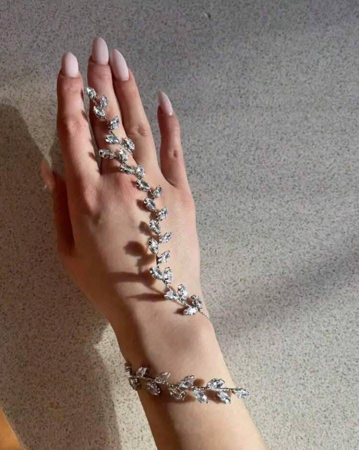 Luxury Cubic Zirconia Hand Chain Bracelet for Women - Silver Tone Crystal Ring to Wrist Slave Bracelet, Marquise Leaf Bridal Back of Hand Jewelry for Weddings and Parties