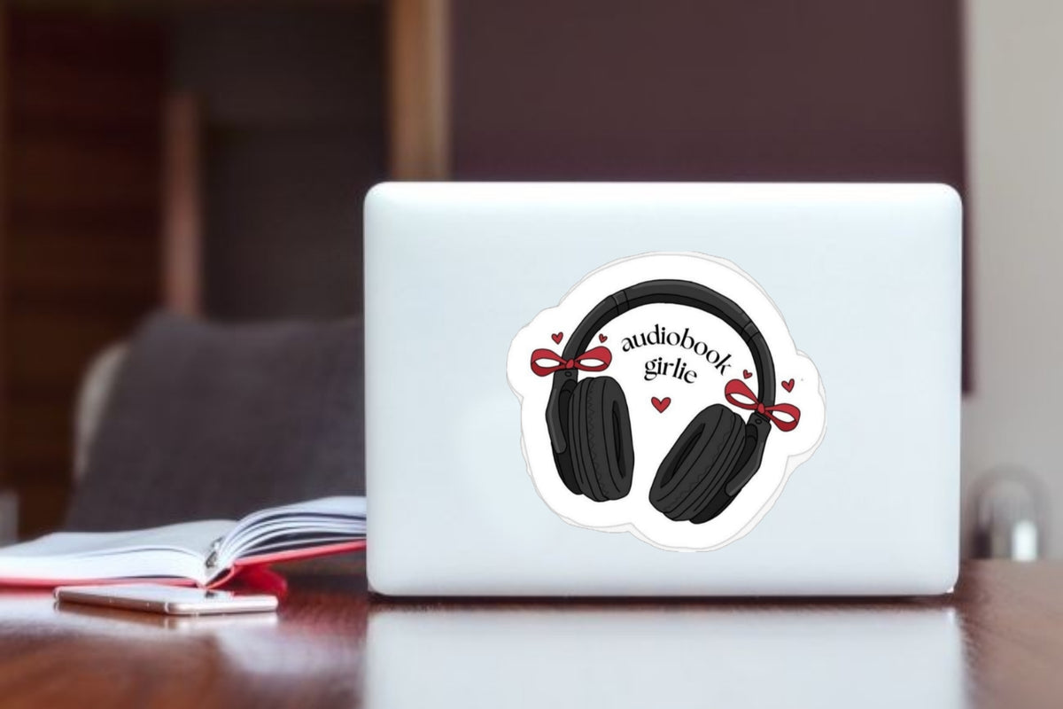 Audiobook Girlie" Coquette Bow Headphones Sticker, Aesthetic Reading Vinyl Decal, Waterproof Laptop Sticker for Kindle, Water Bottles, Bookish Gift