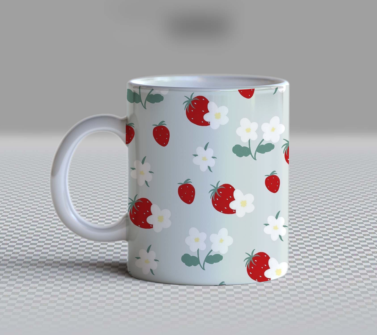Cute Strawberry Blossom Ceramic Coffee Mug – 11oz Aesthetic Light Blue Tea Cup, Cottagecore Red Berries & White Flowers Pattern Mug for Coffee Lovers, Lovely Birthday Gift for Women, Girls & Teens
