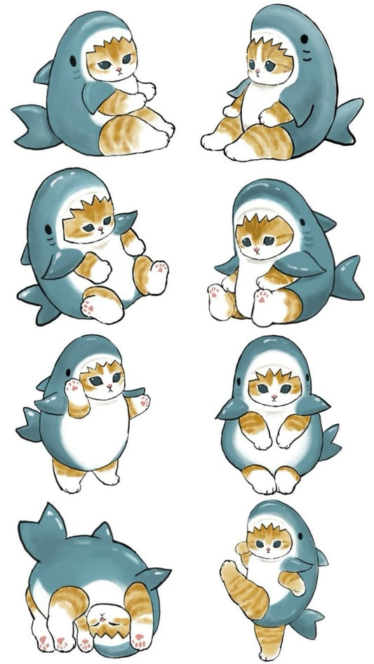 Mofusand Shark Cat Stickers Pack, Cute Orange Kitty in Whale Shark Costume, Playful Pet Illustrations, and Waterproof Vinyl Decals for Water Bottles, Laptops, and Journaling