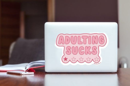 "Adulting Sucks" Funny Quote Laptop Sticker, Pink Aesthetic 1-Star Rating Vinyl Decal for Laptop, Water Bottle, and Journal