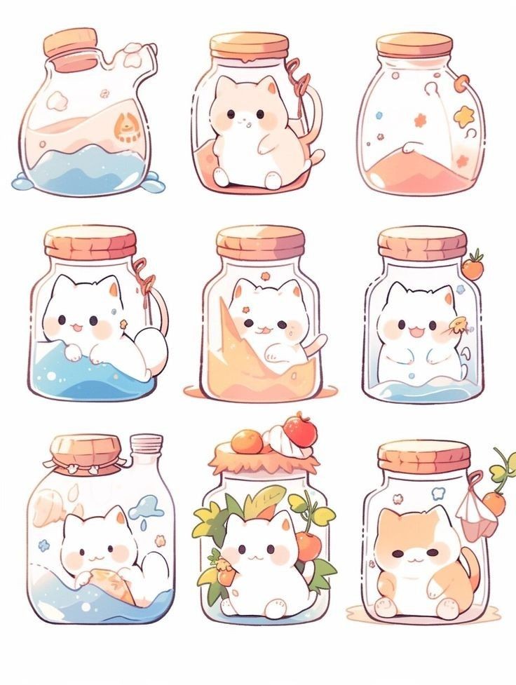 Cute Cats in Glass Jars Stickers Pack, Kawaii Kitties in Bottles, Water and Fruit Aesthetic, and Waterproof Vinyl Decals for Water Bottles, Laptops, and Journaling
