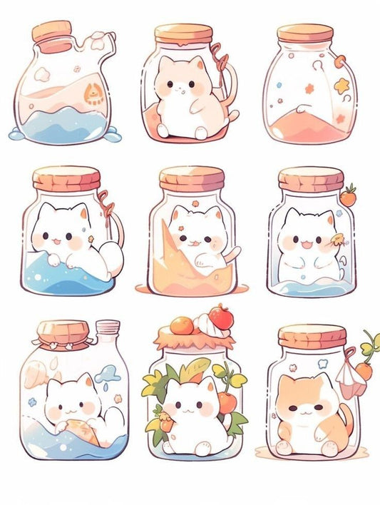 Cute Cats in Glass Jars Stickers Pack, Kawaii Kitties in Bottles, Water and Fruit Aesthetic, and Waterproof Vinyl Decals for Water Bottles, Laptops, and Journaling