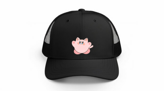 Kawaii Kirby Crown Pink Character Mesh Trucker Hat, Cute Anime Princess/King Black Baseball Cap, Adjustable Snapback for Women and Teens 7