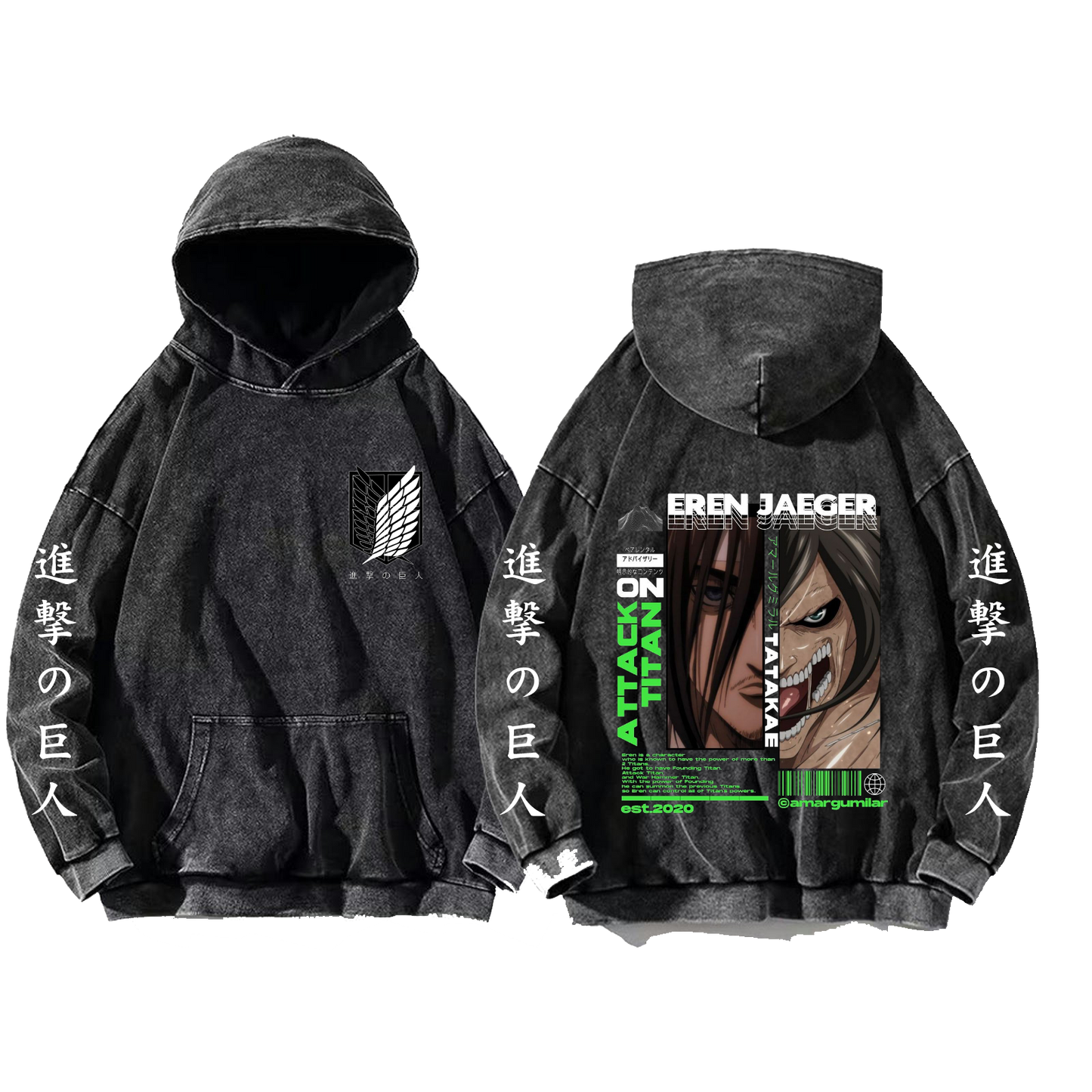 Anime Attack on titan shingeki no kyojin eren levi mikasa Aot Oversize Wash Hoodie gray 7