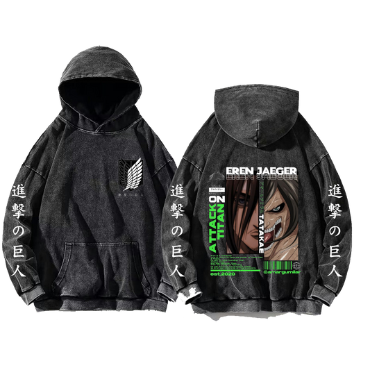 Anime Attack on titan shingeki no kyojin eren levi mikasa Aot Oversize Wash Hoodie gray 7