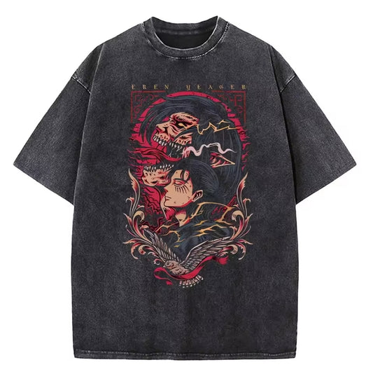Anime Attack on titan shingeki no kyojin eren levi mikasa Aot washed acid  Oversize  t- shirt R 7