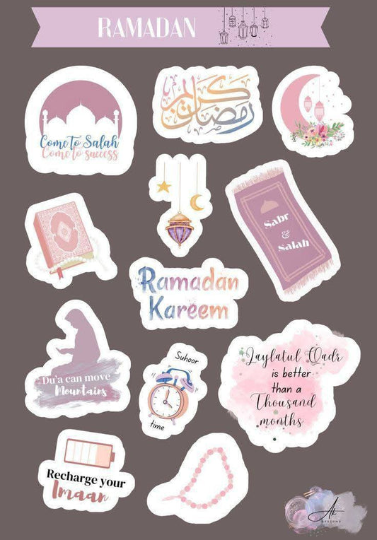 Ramadan Mubarak & Kareem Aesthetic Stickers Pack, Islamic Arabic Calligraphy, Quran & Du'a Quotes, Waterproof Vinyl Decals for Journaling, Scrapbooking, Laptop, and Water Bottles