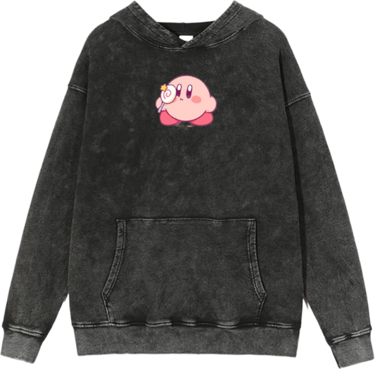 Cute Pink Anime Kirby Character Graphic Vintage Washed Hoodie for Women and Men, Kawaii Cartoon Dark Grey Pullover Sweatshirt 7