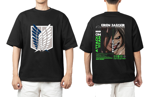 Anime Attack on titan shingeki no kyojin eren levi mikasa Aot black Oversize  t- shirt  back 7