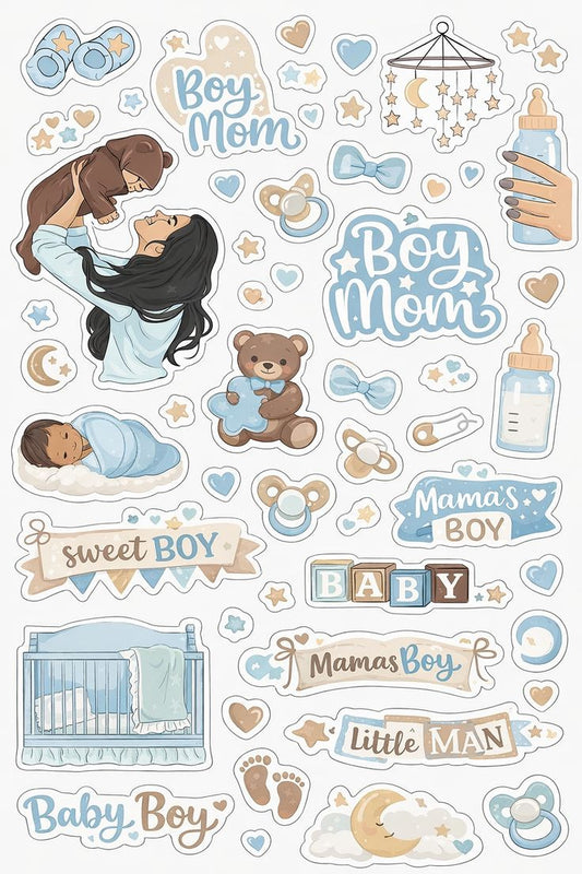 Cute Boho Baby Boy Mom Sticker Pack - Aesthetic Waterproof Vinyl Stickers for Scrapbooking, Planners, and Journaling - Newborn Baby Shower Decorations & New Mom Gift Set