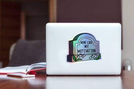 Here Lies My Motivation" Holographic Tombstone Sticker, Funny Sarcastic Vinyl Decal, Aesthetic Waterproof Laptop Sticker for Water Bottles, Relatable Burnout Humor Gift