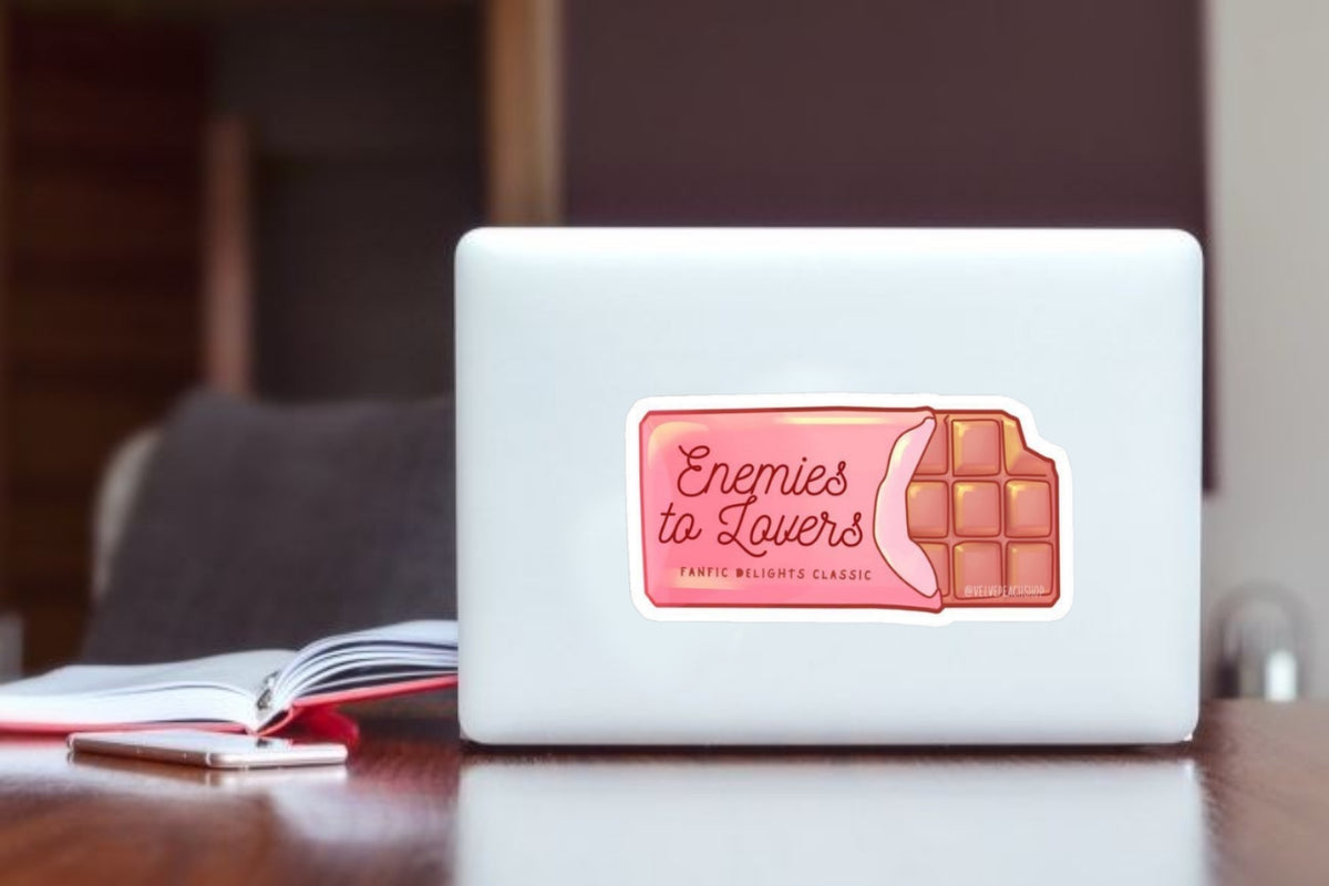 "Enemies to Lovers" Bookish Laptop Sticker, Pink Chocolate Bar Aesthetic Vinyl Decal for Laptop, Water Bottle, Kindle, and Journal