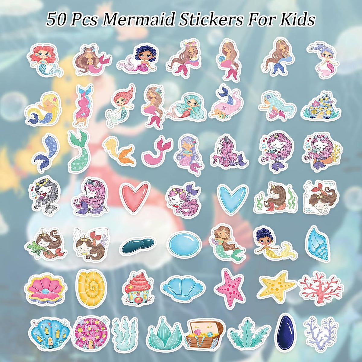 50 Pcs Mermaid Stickers for Kids, Girly Stickers with HD Print and Waterproof Vinyl, Cute Cartoon Decals for Laptops Water Bottles Skateboards