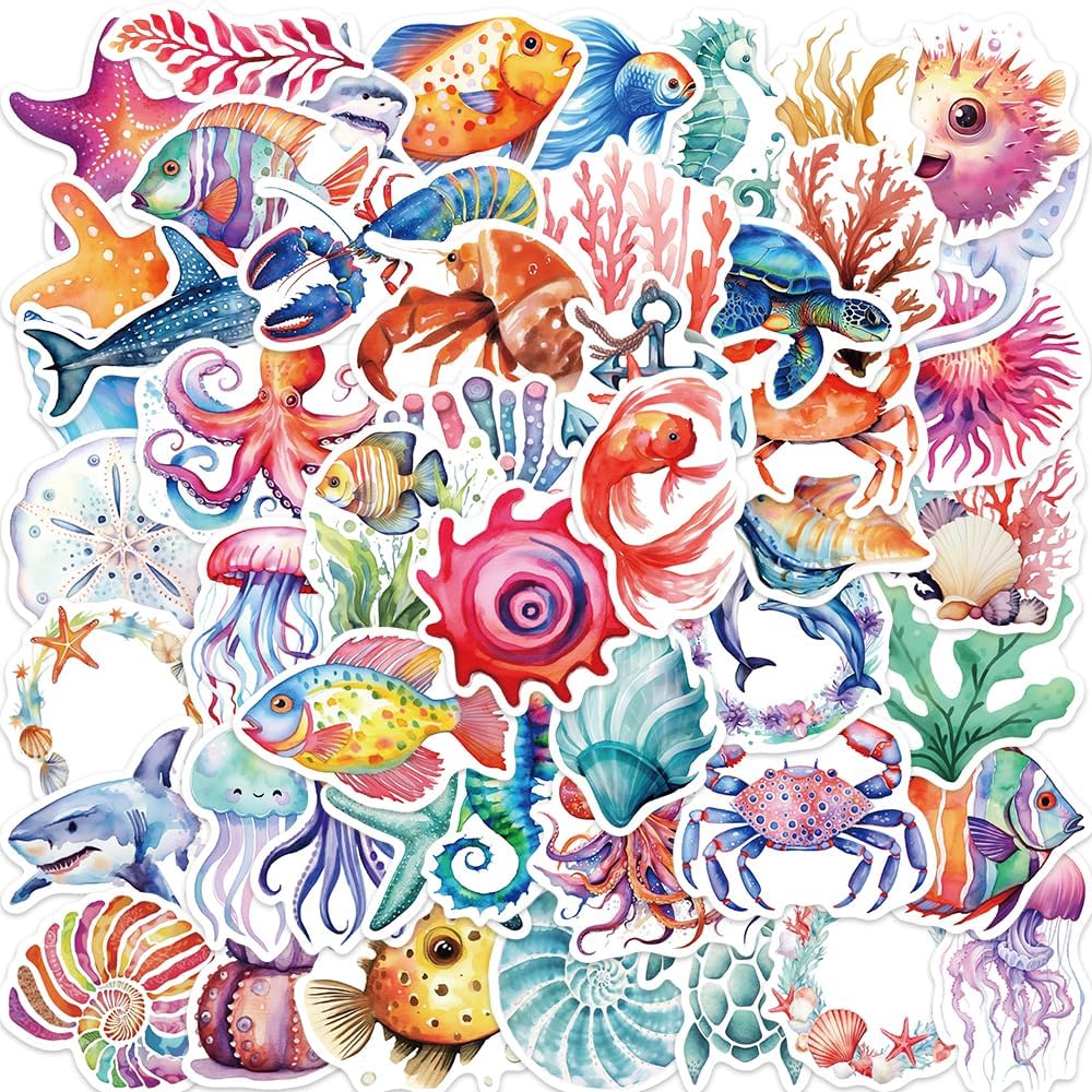 50 PCS Ocean Stickers,Cute Sea Creature Vinyl Stickers Gifts for Kids,Ocean Animal Stickers for Water Bottles Birthday Party Scrapbook Skateboard Phone Laptop (Ocean Stickers)