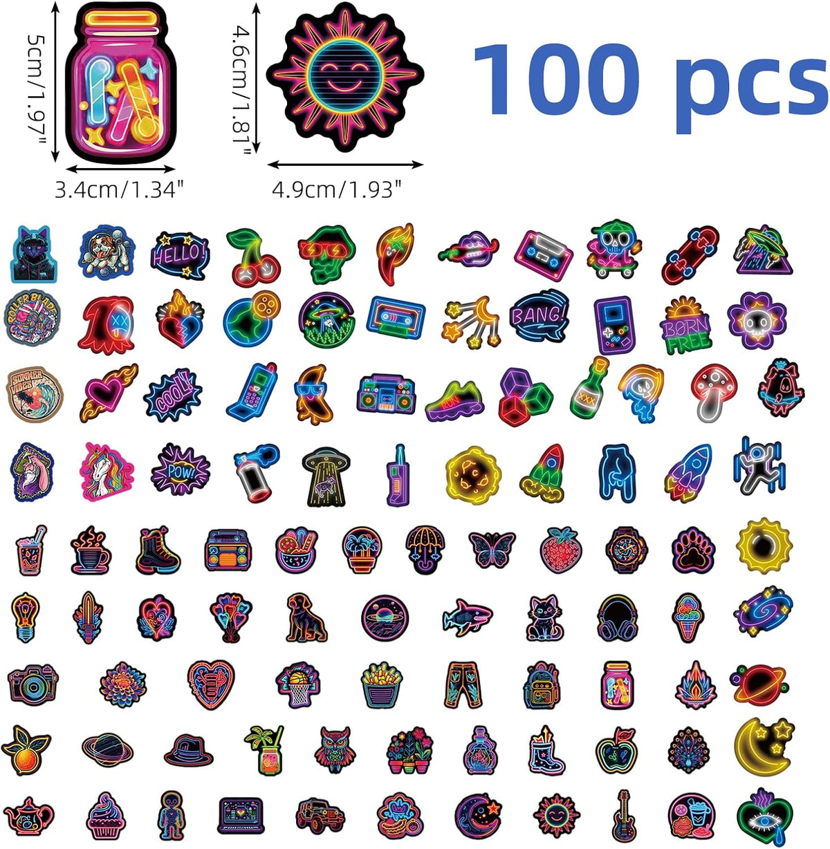 Sticker Pack of 100 Cool Neon Sticker Set, Waterproof Vinyl Stickers, Stickers for Laptop, Scrapbook, Mobile Phone, Journal, Cup, Skateboard, MacBook, iPad, Planner, Snowboard, Suitcase, Bicycle