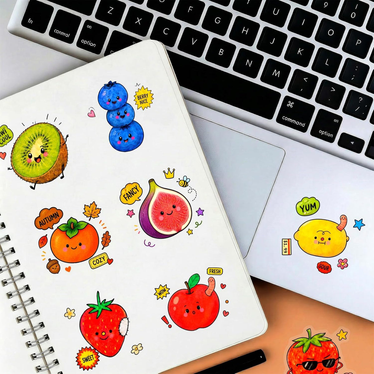 Fruit Stickers 50Pcs,Cute Cartoon PET Decals for Scrapbook Journal Laptop Water Bottle Phone Case Luggage DIY Craft Decoration, Kawaii Fruit Sticker Pack for Teens Students Stationery Lovers